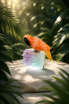 Other: Orange and yellow Celcite Parrot on Fluorite raw