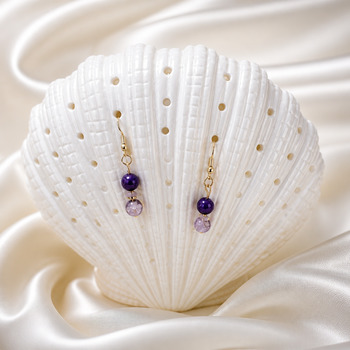 Jewellery Sets: Dyed agate Purple and crackled glass Amethyst chip Earring and pendant Gold