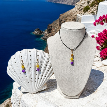 Jewellery Sets: Catseye and purple crackled glass citrine chip Pendant and Earring Gold