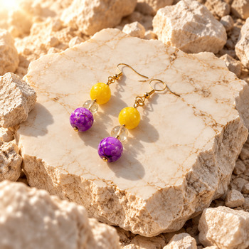 Jewellery Sets: Catseye and purple crackled glass citrine chip Pendant and Earring Gold