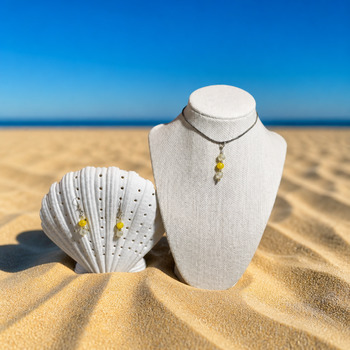 Jewellery Sets: Amber and crackled glass Pendant and earring Silver