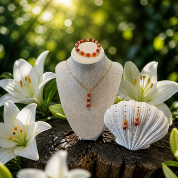 Jewellery Sets: Carnelian and Citrine Pendant Bracelet and Earrings Gold