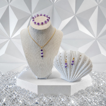 Jewellery Sets: Amethyst and crackled Quartz Pendant Bracelet and Earring Gold