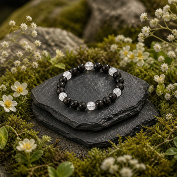 Bracelets: Obsidian and crackled Quartz Bracelet 8mm