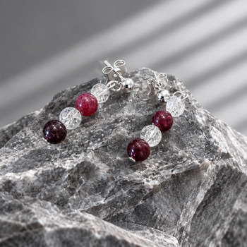 Earrings: Garnet and Crackled Quartz Silver 6mm