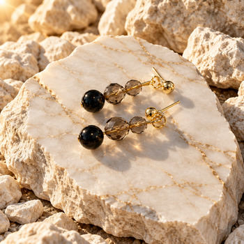 Earrings: Obsidian Beads 8mm Faceted Smokey Quartz Beads 8mm and 6mm Gold Earrings