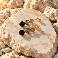Obsidian Beads 8mm Faceted Smokey Quartz Beads 8mm and 6mm Gold Earrings