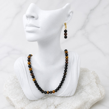 Jewellery Sets: Obsidian and Tigers eye Pendant Bracelet Earring Gold