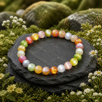 Jewellery Sets: Multi colour Glass Cats eye Pendant Bracelet and Earring Gold
