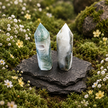 Polished Crystals: Moss agate Polished Points Pair