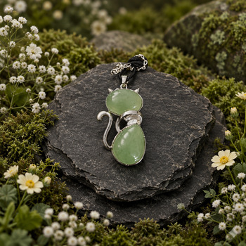 Pendants Necklaces: Aventurine Cat Silver Pendant